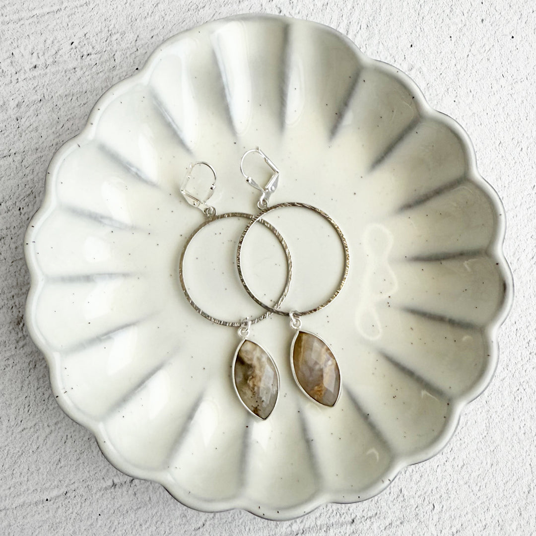 Australian Opal Marquise Hoop Dangle Earrings in Brushed Silver