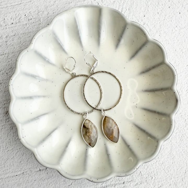 Australian Opal Marquise Hoop Dangle Earrings in Brushed Silver