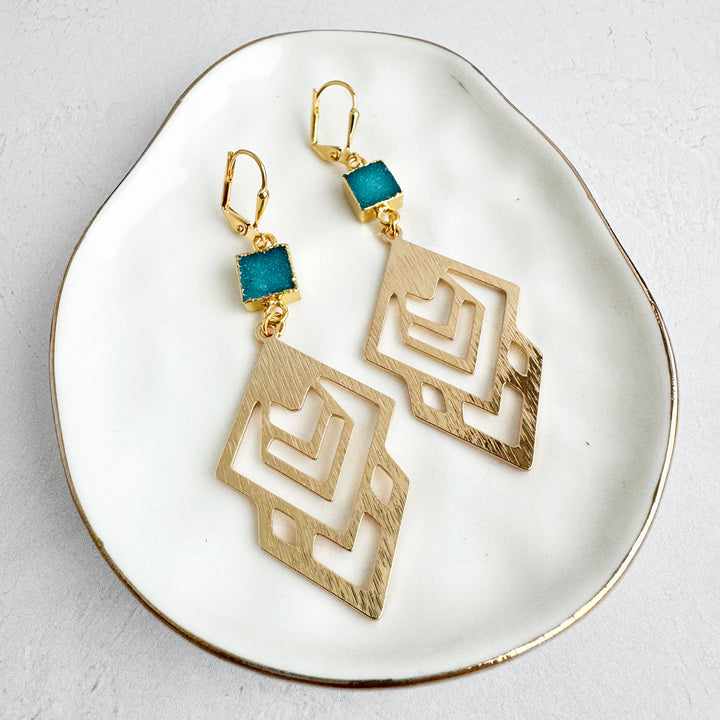 Teal Druzy Celtic Earrings in Brushed Gold