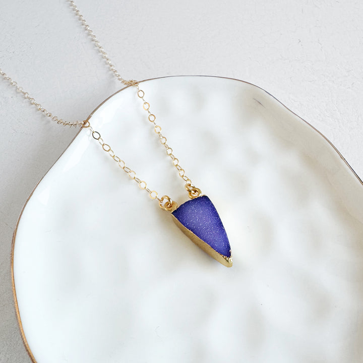 Purple Druzy Triangle Necklace in Gold