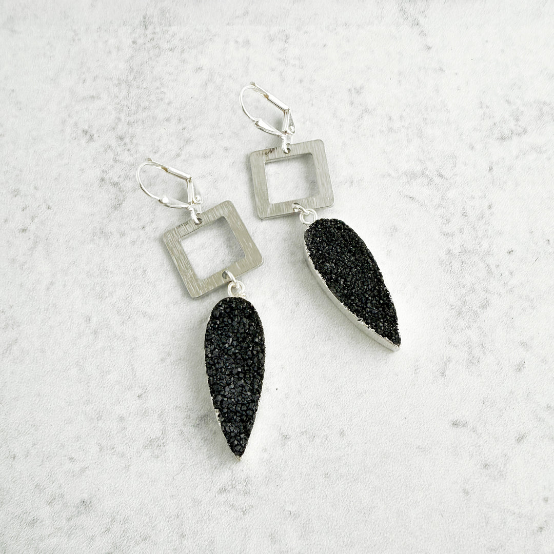 Black Druzy Teardrop and Square Dangle Earrings in Brushed Silver