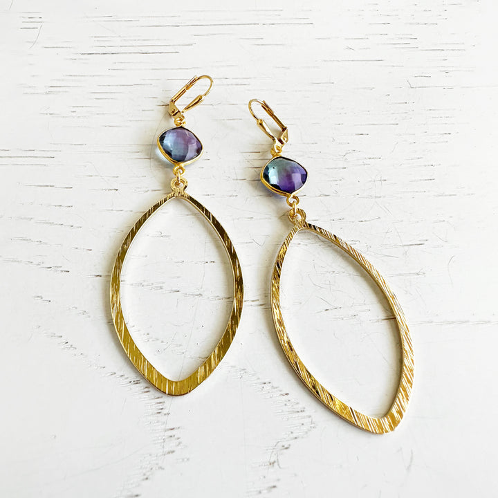 Large Marquise and Purple Aurora Stone Statement Earrings in Brushed Gold