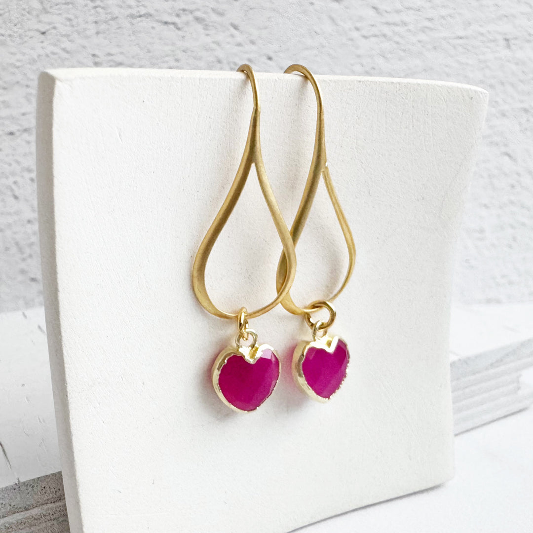 Dainty Fuchsia Chalcedony Heart Drop Earrings in Gold