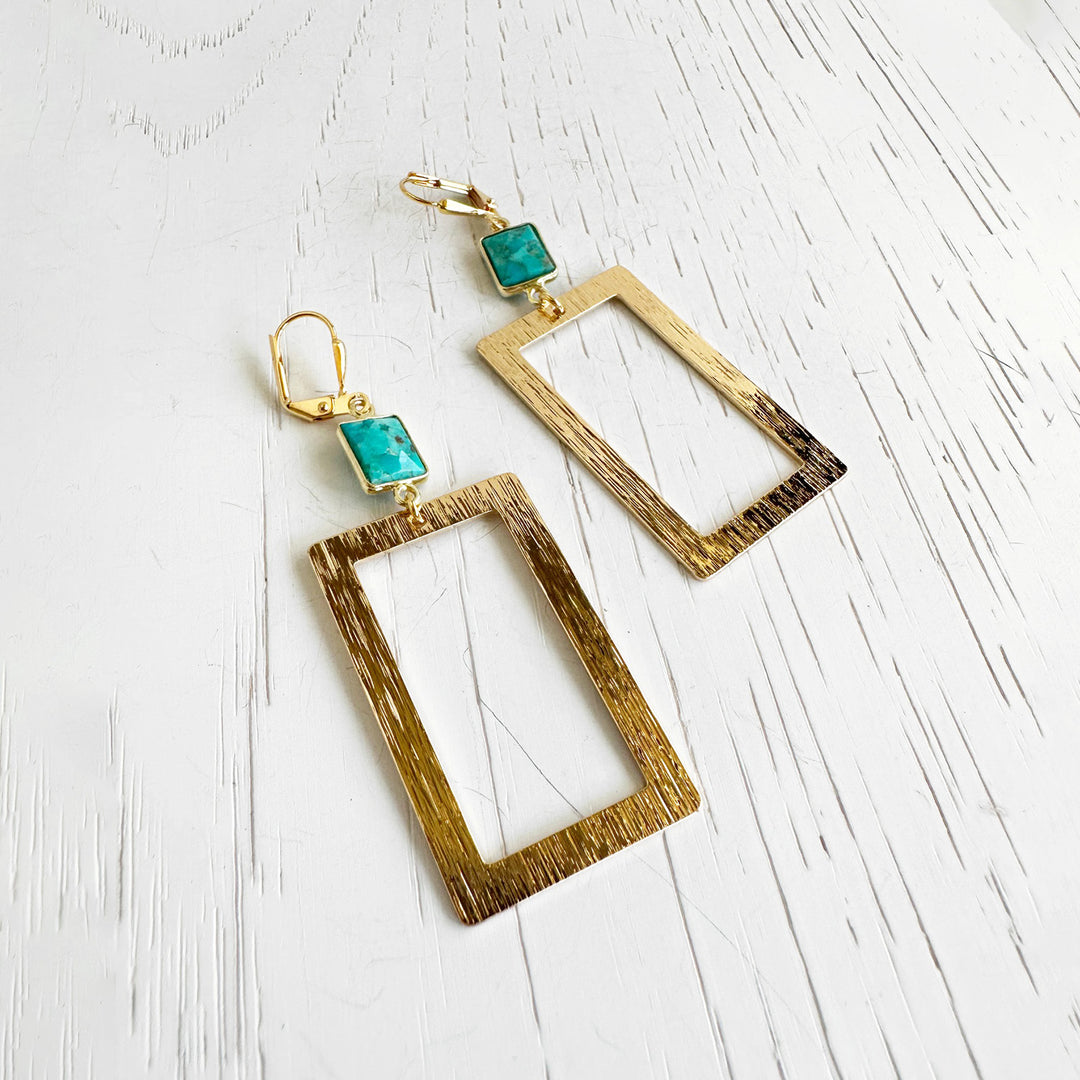 Turquoise Rectangle Statement Earrings in Brushed Gold