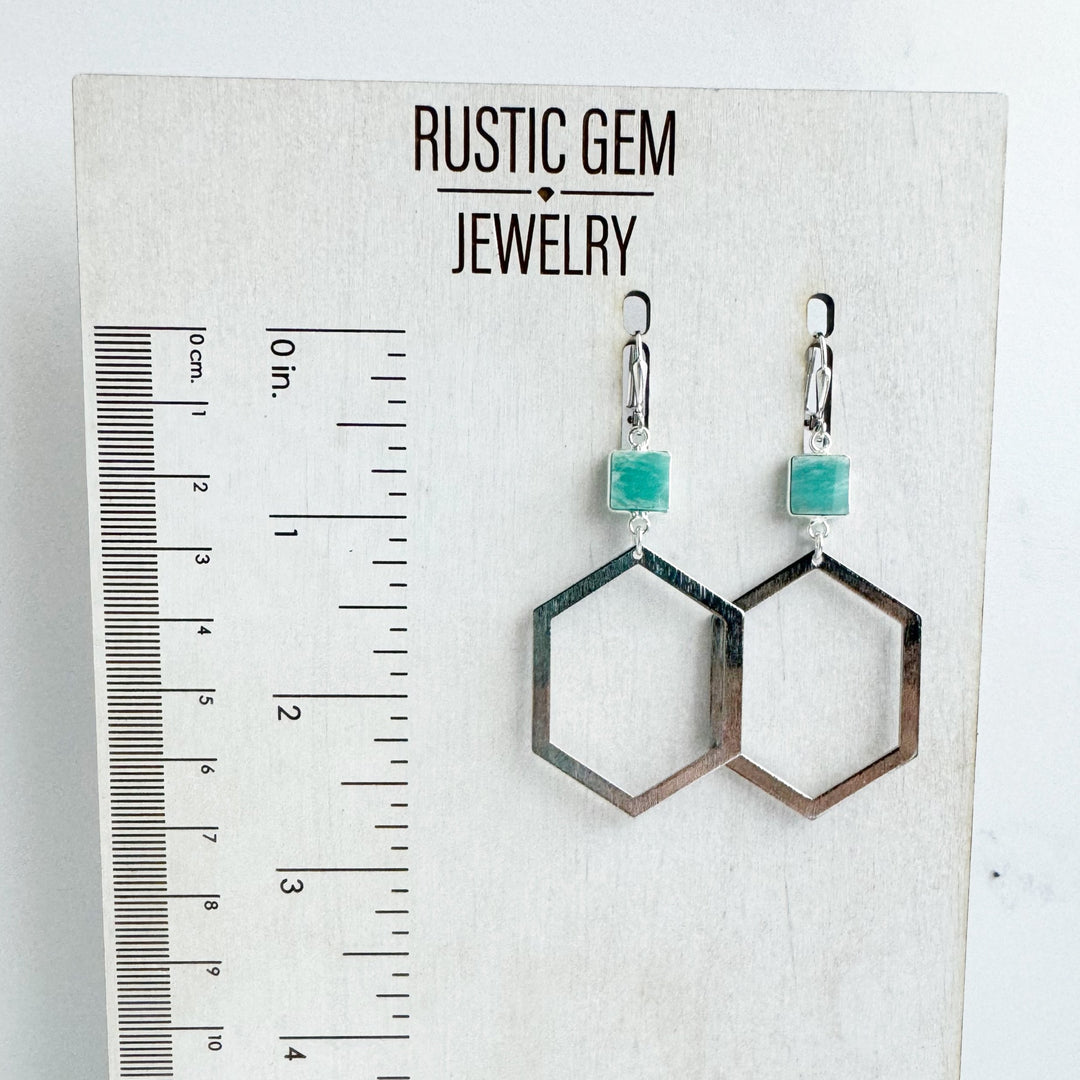 Brushed Silver Hexagon Earrings with Amazonite Stones