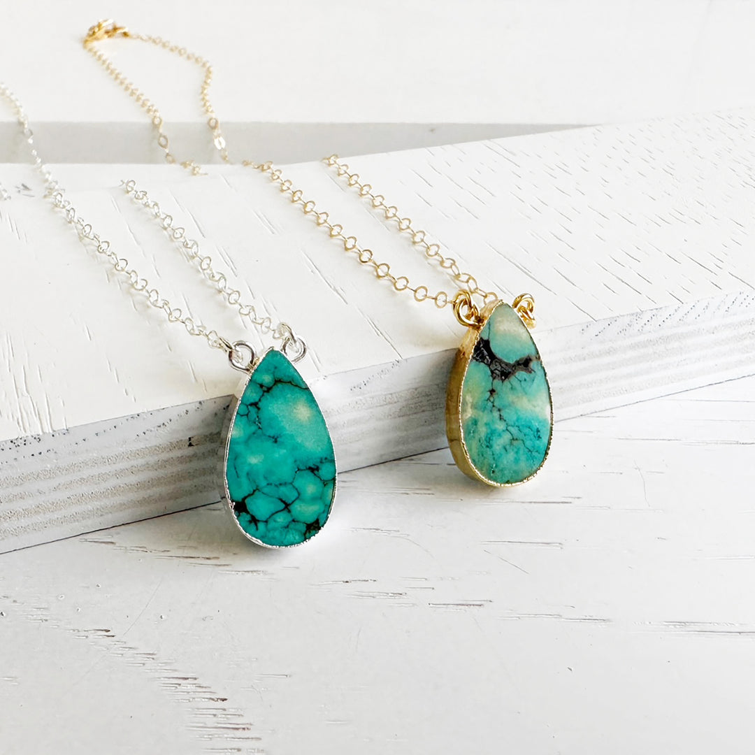 Tibetan Turquoise Teardrop Necklace in Gold Filled or Sterling Silver