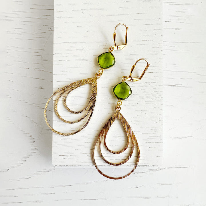 Green Peridot Teardrop Earrings in Brushed Gold