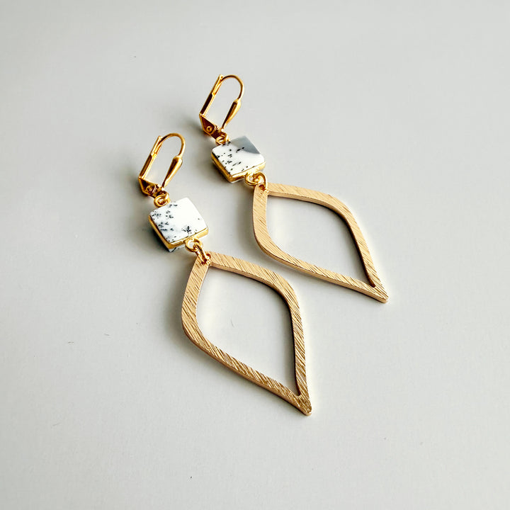 Dendrite Opal Halo Drop Dangle Earrings in Brushed Gold