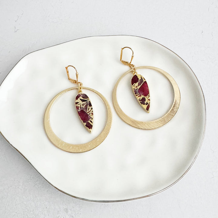 Red Mojave Hoop Statement Earrings in Brushed Gold