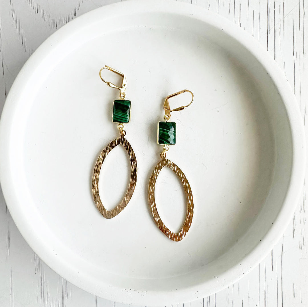 Green Malachite Marquise Earrings in Brushed Gold
