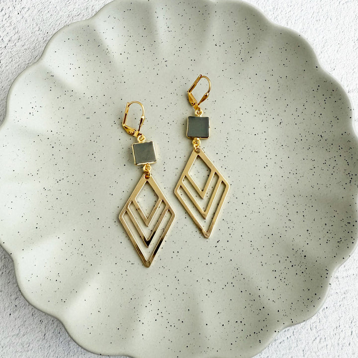 Gray Chalcedony and Layered Diamond Statement Earrings in Gold