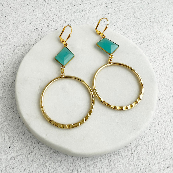 Aqua Chalcedony Hoop Earrings in Hammered Gold