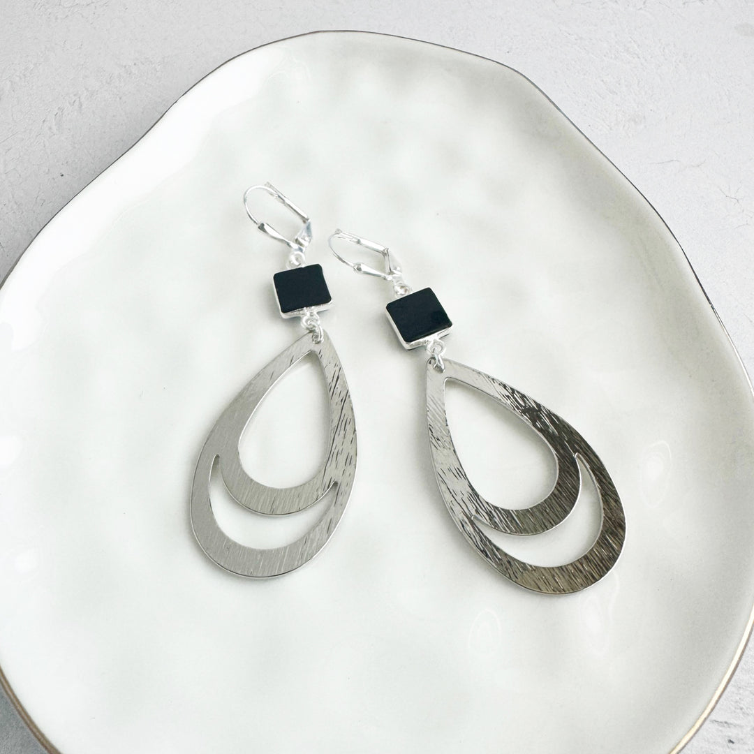 Black Onyx Double Teardrop Earrings in Brushed Silver