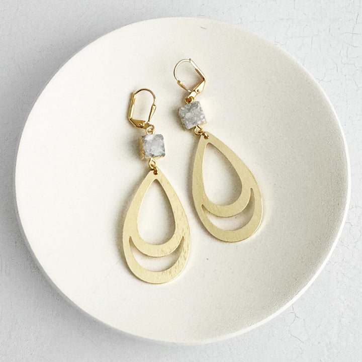 White Gray Druzy Teardrop Earrings in Brushed Gold