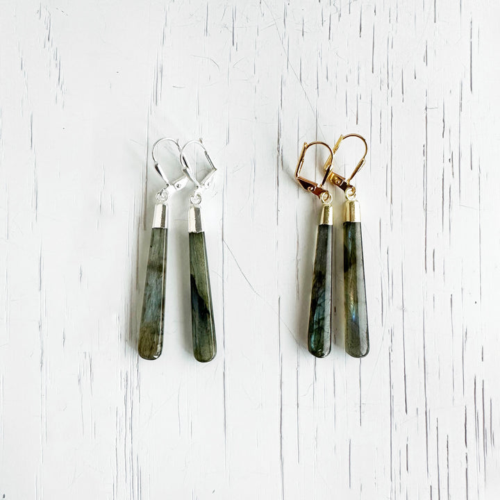 Long Labradorite Drop Earrings in Gold and Silver