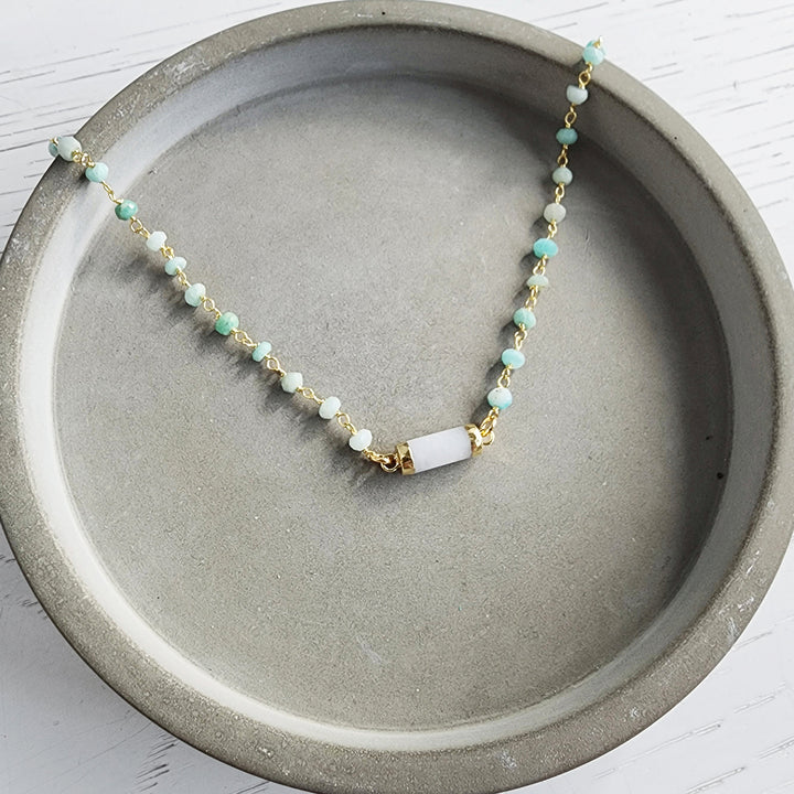 Amazonite Beaded Choker Necklace with Small White Aventurine Pendant in Gold