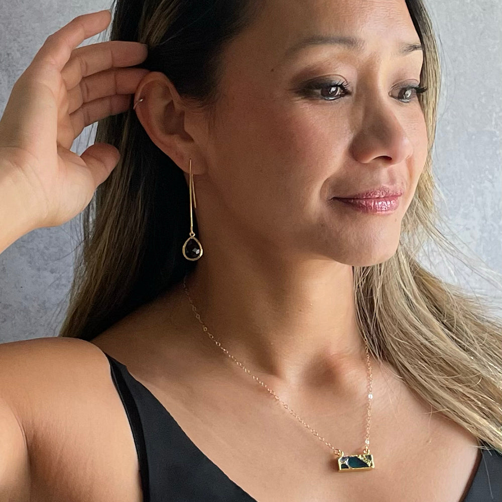 Simple Black Glass Stone Drop Earrings in Gold