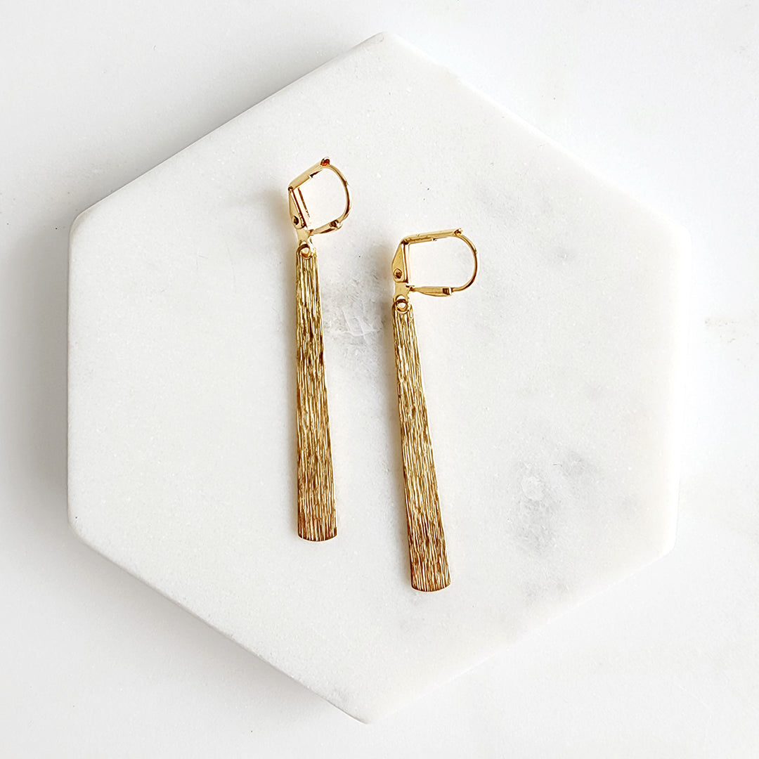 Long Bar Earrings in Brushed Brass Gold