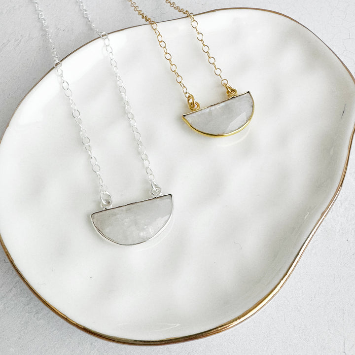 Small Moonstone Half Moon Crescent Necklace in Gold and Silver