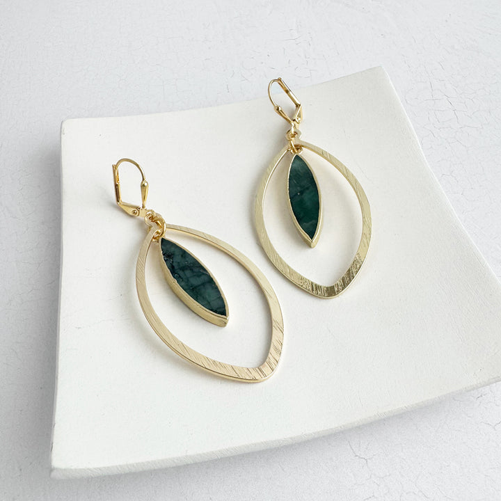 Raw Emerald Marquise Dangle Earrings in Brushed Gold