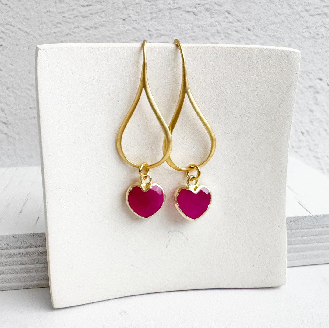 Dainty Fuchsia Chalcedony Heart Drop Earrings in Gold