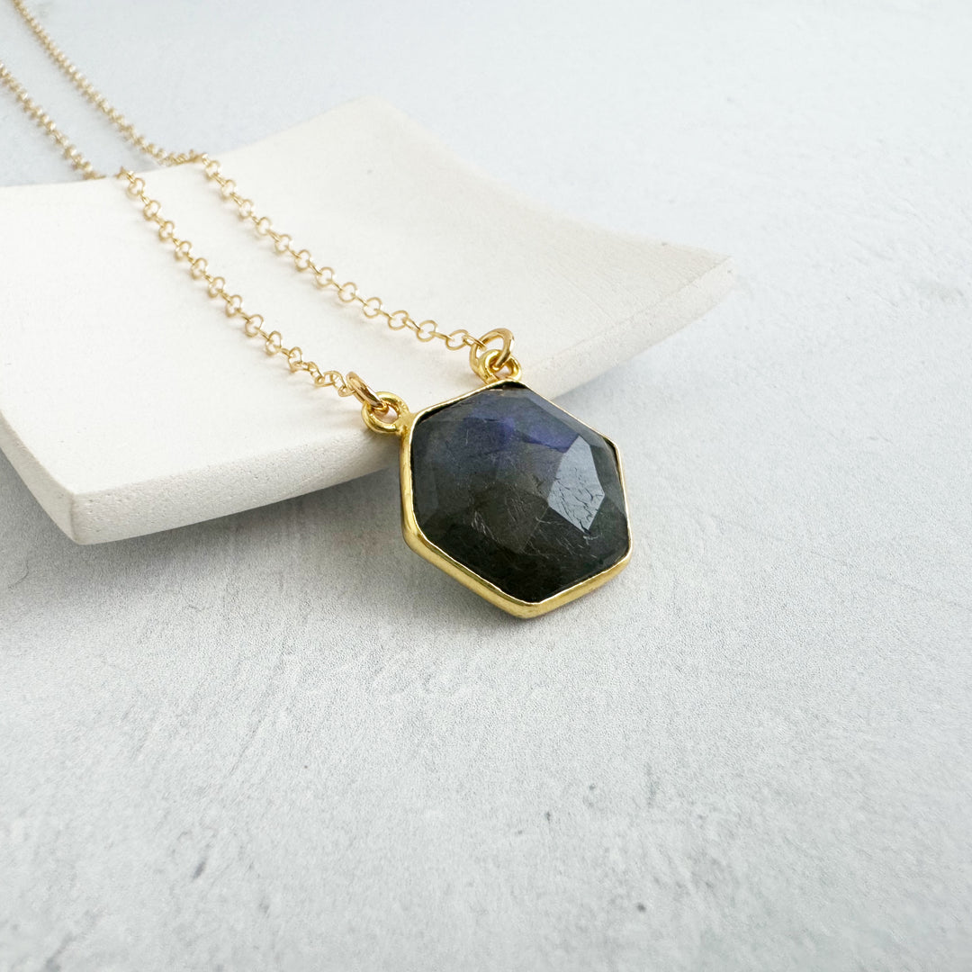 Labradorite Hexagon Bezel Necklace in Gold and Silver