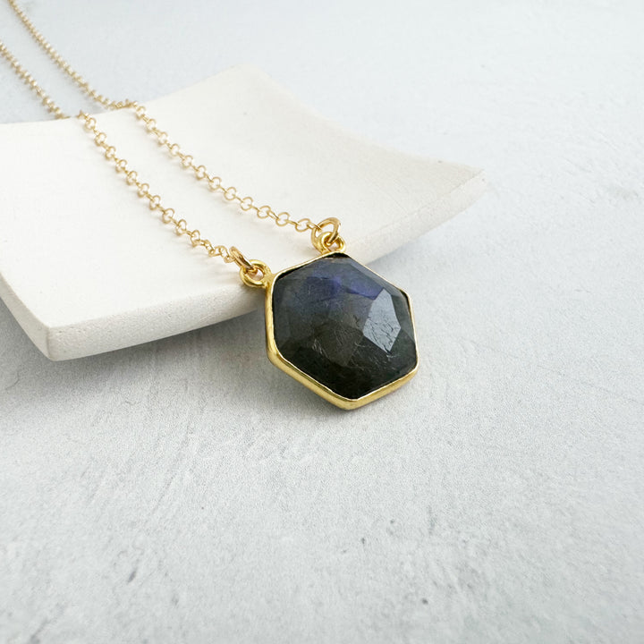 Labradorite Hexagon Bezel Necklace in Gold and Silver