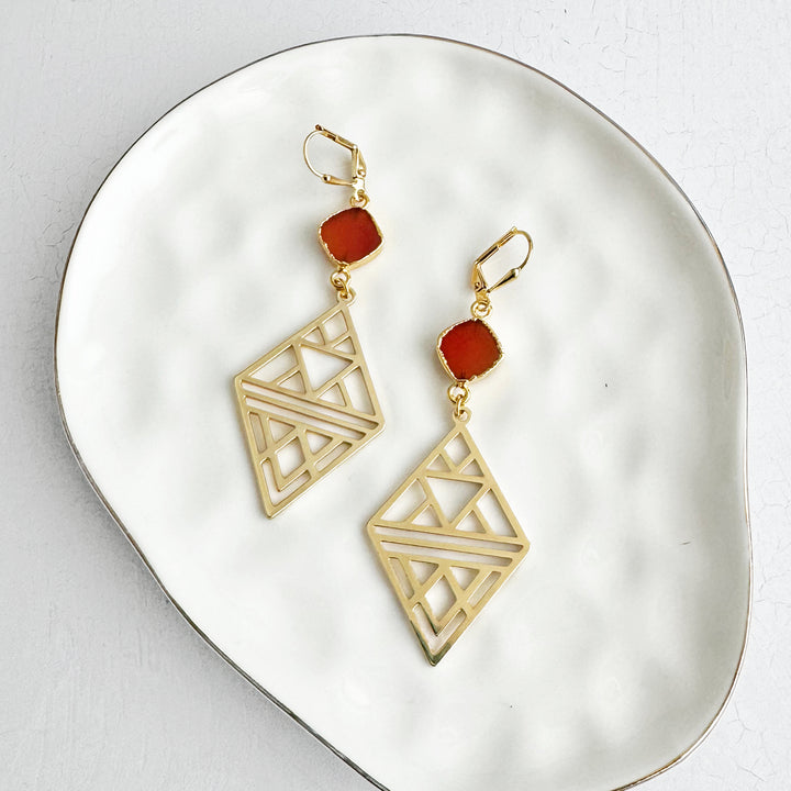 Carnelian and Geometric Diamond Statement Earrings in Gold