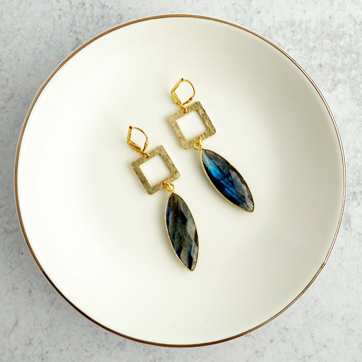 Labradorite Marquise and Square Dangle Earrings in Brushed Gold
