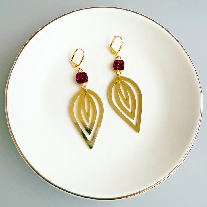 Fuchsia Druzy and Layered Teardrop Statement Earrings in Gold