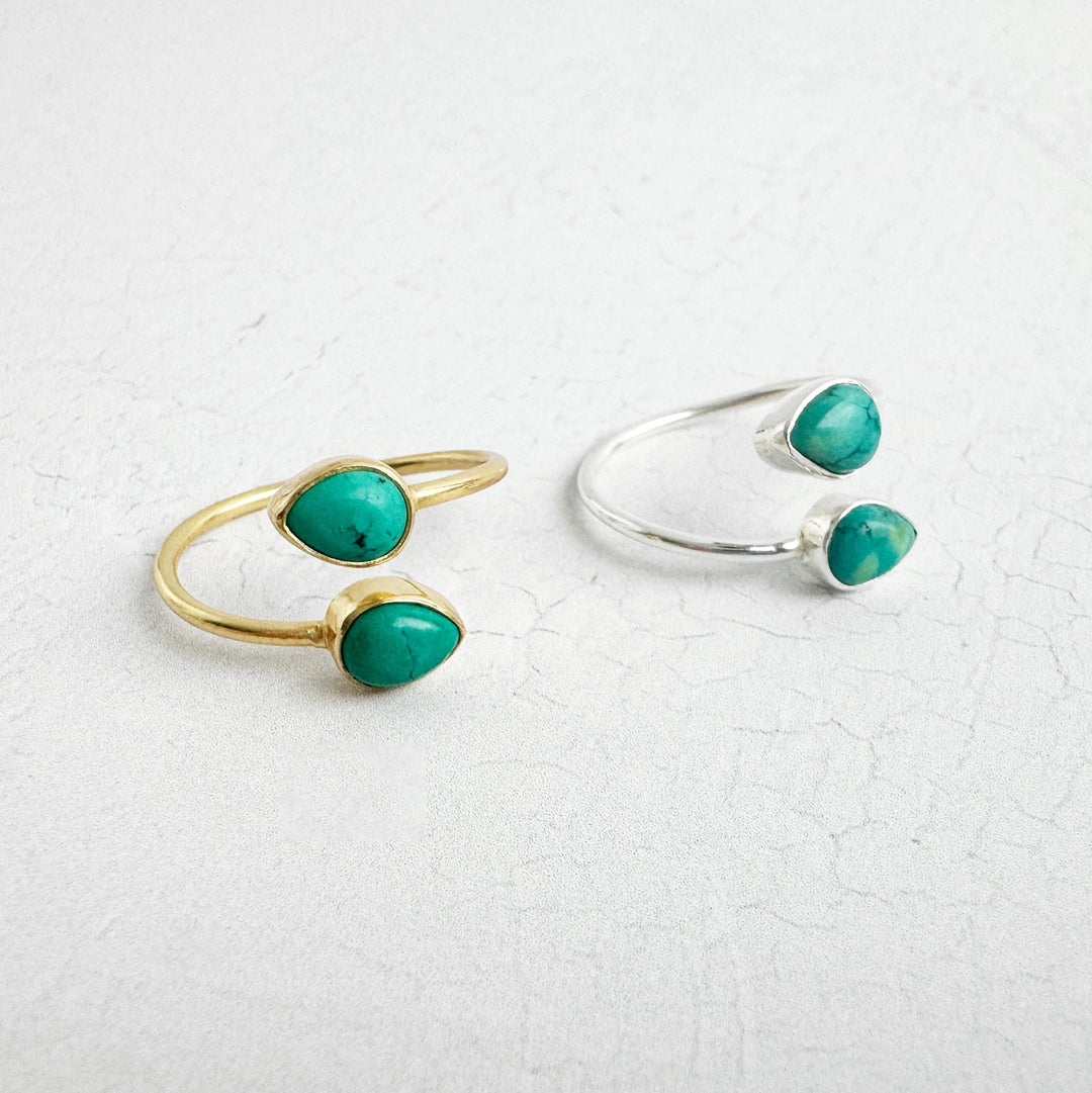 Tibetan Turquoise Double Stone Wrap Ring in Gold and Silver