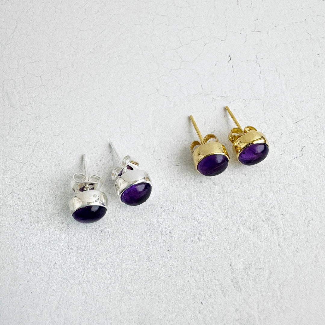 Amethyst Circle Stud Earrings in Gold and Silver