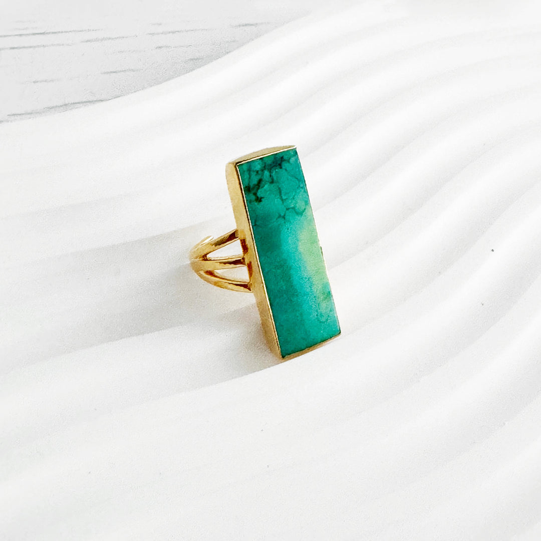 Large Tibetan Turquoise Rectangle Bar Statement Ring in Gold and Silver