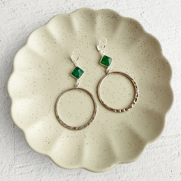Raw Emerald Hoop Earrings in Hammered Silver