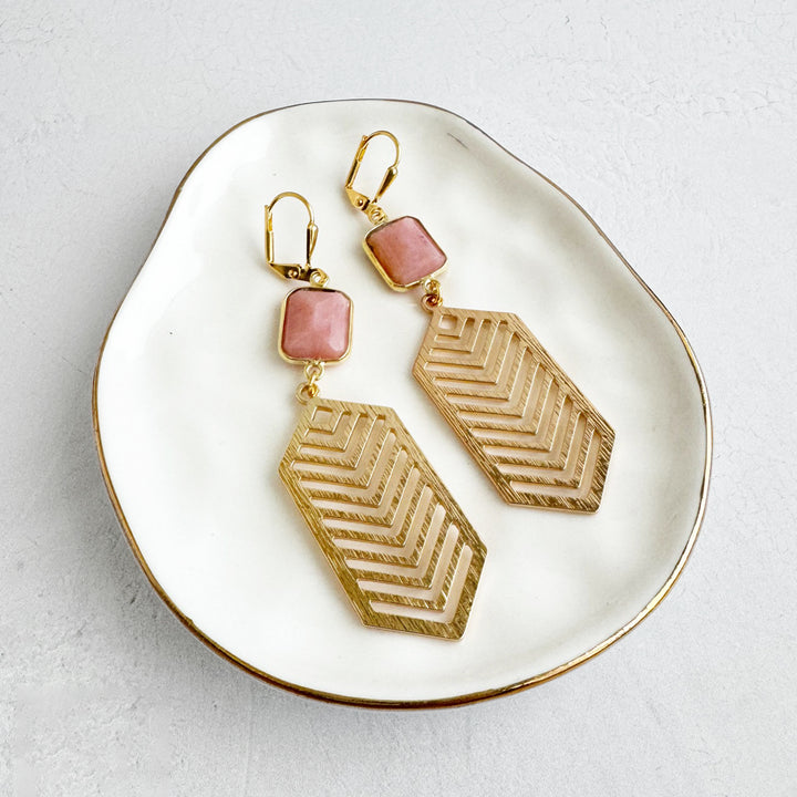 Pink Opal Chevron Dangle Earrings in Brushed Gold