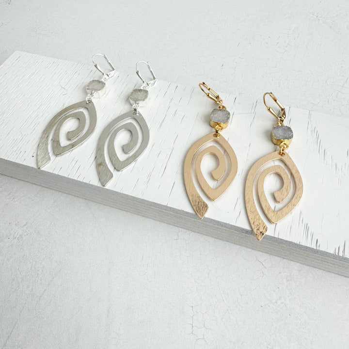 Unique Open Marquise Swirl Earrings with White Druzy Stones