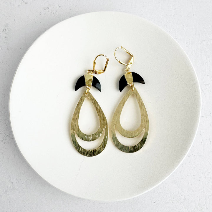 Black Onyx Crescent Teardrop Earrings in Brushed Gold