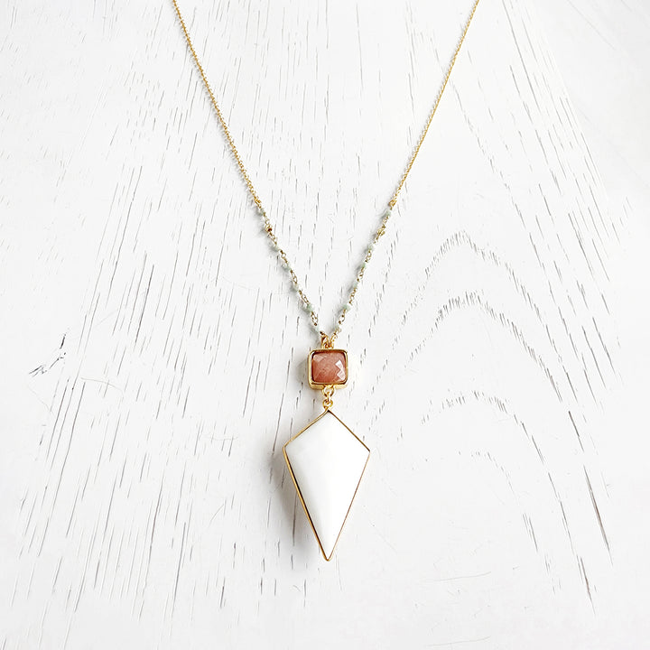 Long Kite Bezel Necklace in Gold with White and Orange Stone