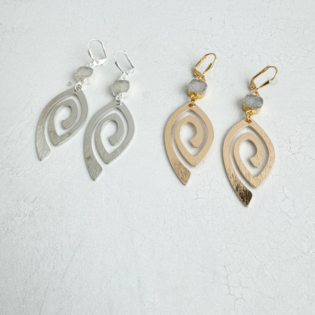 Unique Open Marquise Swirl Earrings with White Druzy Stones