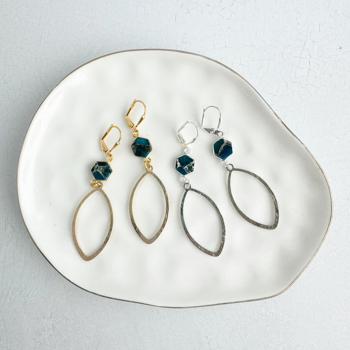 Small Brushed Marquise and Teal Mojave Hexagon Stone Dangle Earrings in Gold and Silver