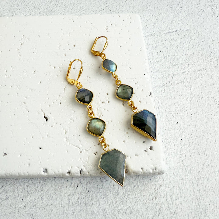 Long Labradorite Shield Gemstone Drop Earrings in Gold