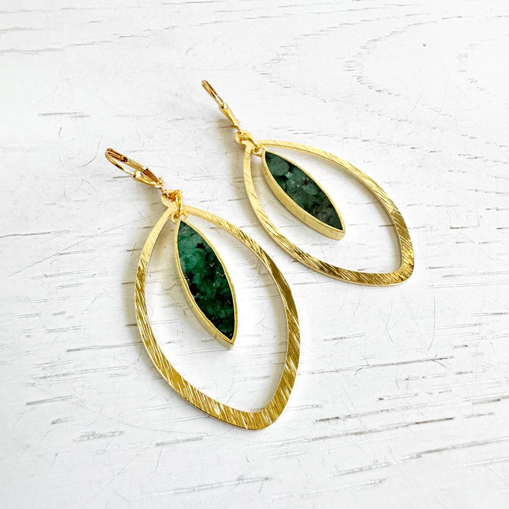 Emerald Marquise Dangle Earrings in Brushed Gold