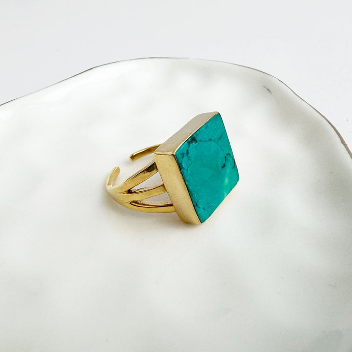 Turquoise Square Triple Band Ring in Gold and Silver