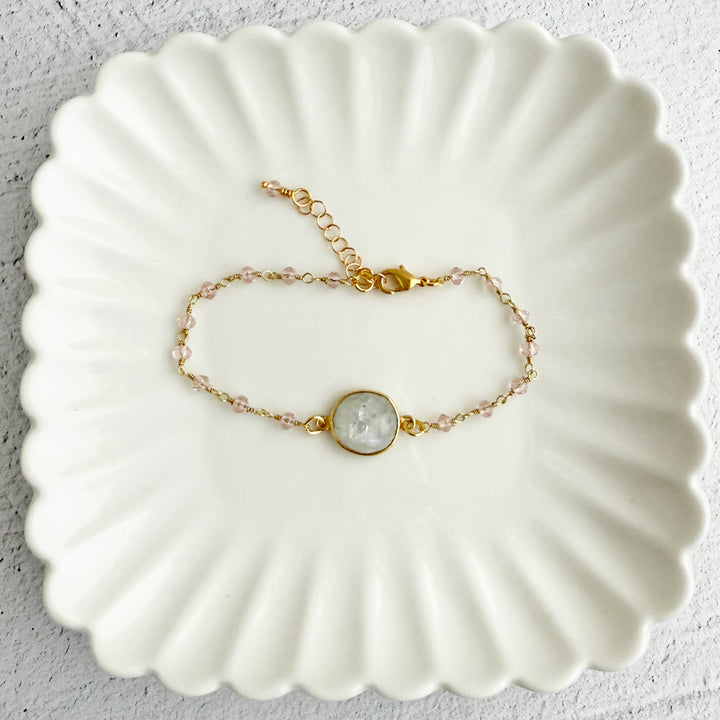 Moonstone and Pink Crystal Beaded Chain Bracelet in Gold