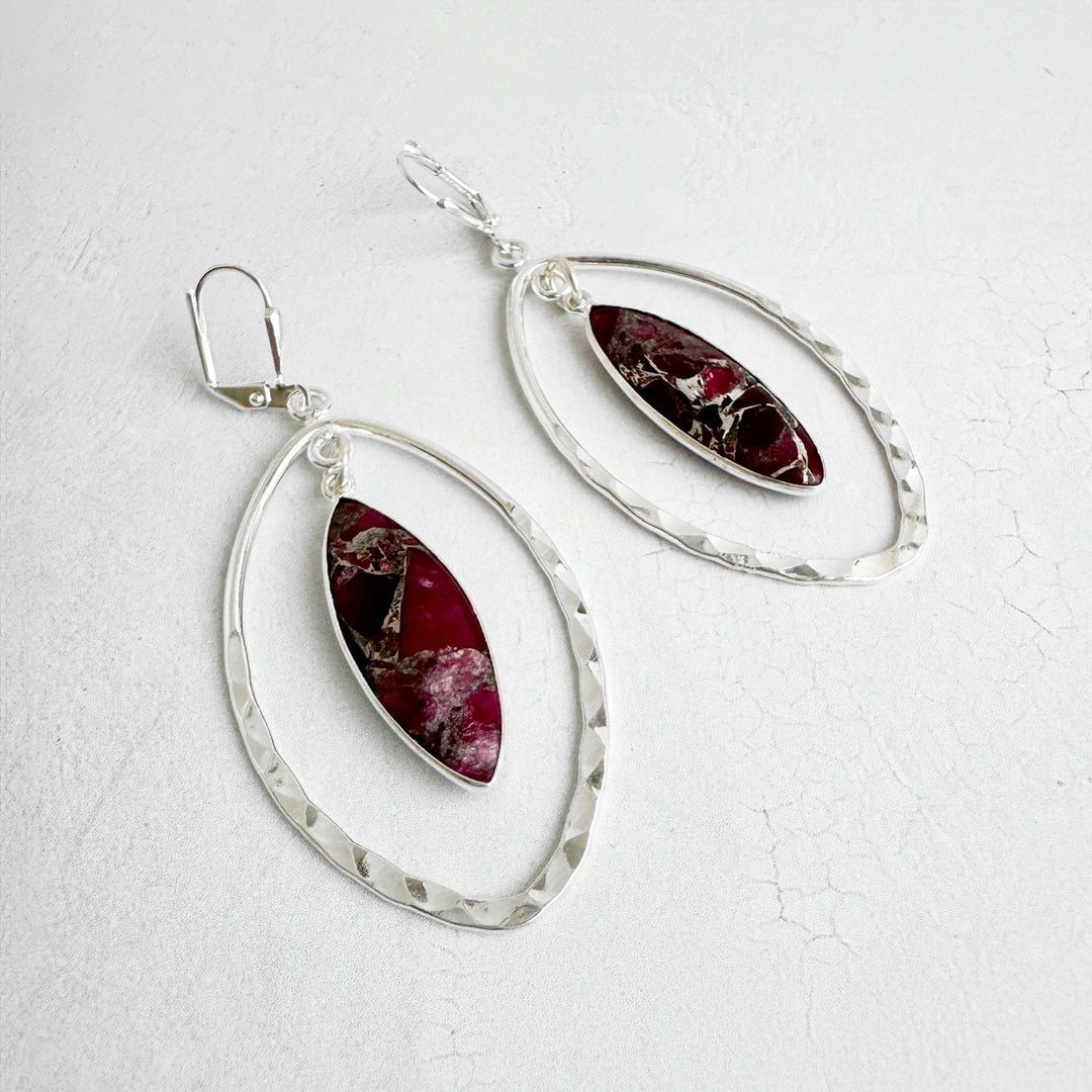 Burgundy Mojave Hammered Marquise Dangle Earrings in Silver