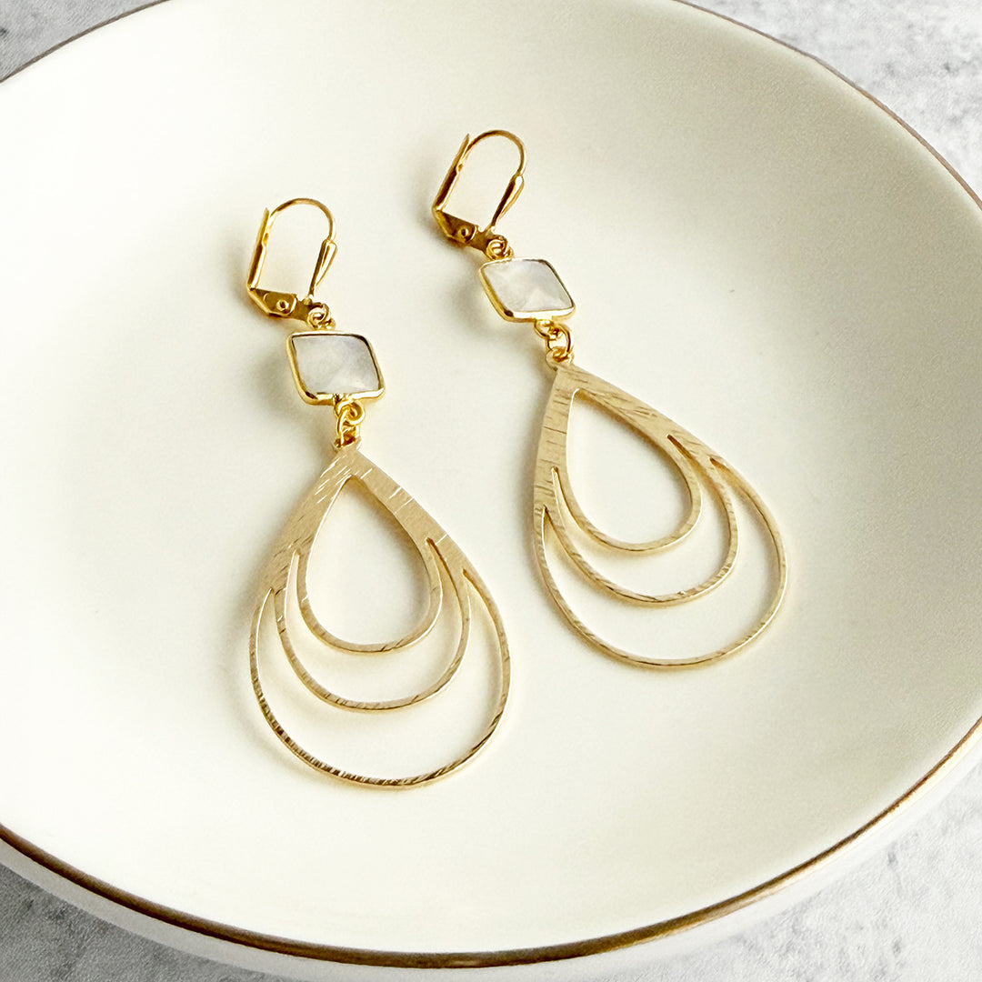 Moonstone and Multiple Teardrop Earrings in Brushed Gold