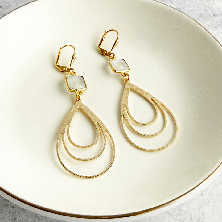 Moonstone and Multiple Teardrop Earrings in Brushed Gold