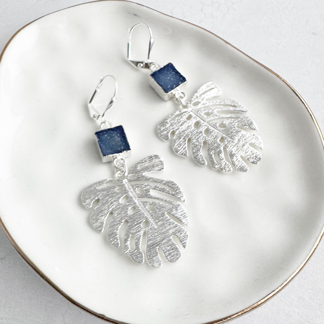 Indigo Blue Druzy and Monstera Earrings in Brushed Silver