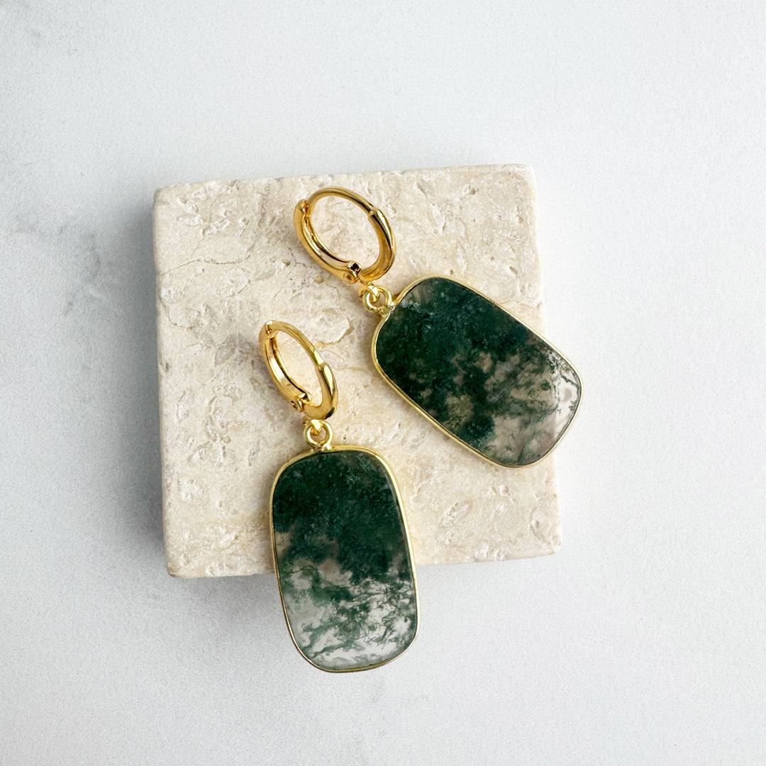 Statement Gemstone Slice Drop Earrings in Gold – Moss Agate