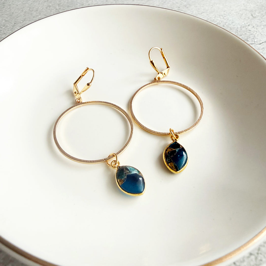 Teal Mojave Hoop Dangle Earrings in Brushed Gold